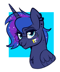 Size: 376x449 | Tagged: safe, artist:lulubell, princess luna, alicorn, pony, g4, alternate hairstyle, bust, ear piercing, earring, eyebrows, glasses, jewelry, nonbinary, nonbinary pride flag, nose piercing, piercing, pride, pride flag, short hair, smiling, solo