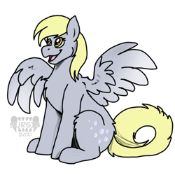 Size: 1500x1500 | Tagged: safe, artist:sursiq, derpy hooves, pegasus, pony, g4, cutie mark, female, full body, mare, open mouth, simple background, sitting, smiling, solo, spread wings, watermark, white background, wings