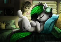 Size: 1024x703 | Tagged: safe, artist:aschenstern, octavia melody, oc, oc:degrano, earth pony, pony, g4, bed, dune, headphones, pillow, window
