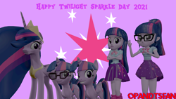 Size: 3840x2160 | Tagged: safe, artist:optimussparkle, sci-twi, twilight sparkle, alicorn, human, pony, unicorn, equestria girls, g4, my little pony equestria girls: better together, the last problem, 3d, crossed arms, equestria girls ponified, female, glasses, grin, high res, human ponidox, mare, multeity, older, older twilight, older twilight sparkle (alicorn), open mouth, open smile, ponified, princess twilight 2.0, self ponidox, smiling, source filmmaker, sparkle sparkle sparkle, time paradox, twilight sparkle (alicorn), twilight sparkle day, twolight, unicorn sci-twi, waving