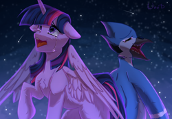 Size: 2944x2048 | Tagged: safe, artist:maybeweed, twilight sparkle, alicorn, pony, g4, aeroplanes and meteor showers, chest fluff, crossover, crossover shipping, crying, eyes closed, female, floppy ears, high res, male, meme, mordecai, mordetwi, redraw mordetwi meme, regular show, shipping, straight, twilight sparkle (alicorn)