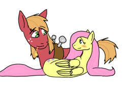Size: 349x255 | Tagged: safe, artist:moonstruck-badger, big macintosh, fluttershy, earth pony, pegasus, pony, g4, blushing, cropped, female, looking at each other, lying down, male, mare, ship:fluttermac, shipping, simple background, smiling, smiling at each other, stallion, straight, straw in mouth, white background