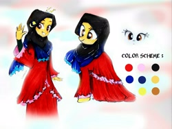 Size: 3205x2404 | Tagged: safe, artist:liaaqila, oc, oc only, oc:jiwa baik, earth pony, pony, equestria girls, g4, clothes, commission, dress, equestria girls-ified, female, grin, high res, hijab, islam, malaysia, mare, reference sheet, scarf, smiling, solo, traditional art, waving