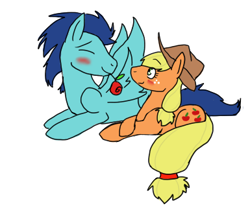 Size: 385x324 | Tagged: safe, artist:moonstruck-badger, applejack, soarin', earth pony, pegasus, pony, g4, applejack's hat, blushing, cowboy hat, cropped, crossed hooves, eyes closed, female, flower in mouth, hat, lying down, male, mare, prone, rose, rose in mouth, ship:soarinjack, shipping, simple background, stallion, straight, white background