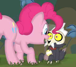 Size: 3529x3091 | Tagged: safe, artist:porygon2z, pinkie pie, earth pony, pony, titan, g4, balloonbutt, broken horn, butt, collar, crossover, duo, duo male and female, female, friendshipping, high res, horn, king clawthorne, male, movie accurate, open mouth, open smile, pet tag, plot, skull, smiling, the owl house