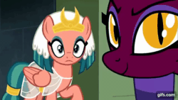 Size: 640x360 | Tagged: safe, screencap, somnambula, the sphinx, sphinx, daring done?, g4, season 7, animated, blindfold, egyptian, egyptian headdress, egyptian pony, gifs.com, out of context
