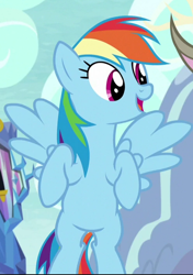 Size: 496x705 | Tagged: safe, screencap, discord, rainbow dash, pegasus, pony, g4, what about discord?, cropped, flying, offscreen character, open mouth, smiling, solo