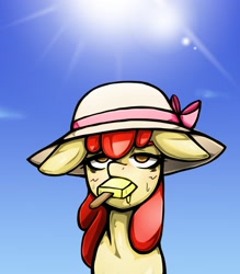 Size: 1543x1764 | Tagged: safe, artist:kyouman1010, apple bloom, earth pony, pony, g4, blushing, eating, female, filly, floppy ears, food, hat, hot, ice cream, ice cream bar, lidded eyes, mouth hold, popsicle, solo, sun, sweat