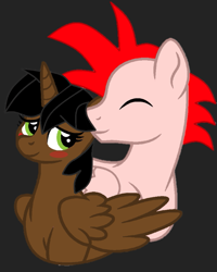 Size: 587x732 | Tagged: safe, oc, oc only, oc:alicia, oc:sergio, alicorn, pegasus, pony, alicorn oc, blushing, horn, wings