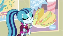 Size: 1268x719 | Tagged: safe, screencap, sonata dusk, equestria girls, g4, my little pony equestria girls: rainbow rocks, eyes closed, female, food, solo, taco, taco tuesday