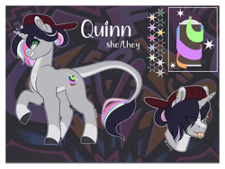 Size: 1280x960 | Tagged: safe, artist:liefsong, oc, oc only, oc:quinn, pony, unicorn, cutie mark, hat, leonine tail, piercing, reference sheet, solo, tongue out, tongue piercing, wingding eyes
