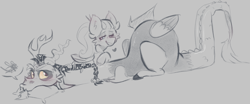 Size: 1470x609 | Tagged: safe, discord, fluttershy, draconequus, pegasus, pony, g4, annoyed, blushing, braiding, duo, female, heart, lying down, male, monochrome, sketch