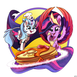 Size: 1280x1280 | Tagged: safe, artist:will-owl-the-wisp, twilight sparkle, oc, oc:fizzy glitch, alicorn, kirin, pony, g4, the last problem, chef's hat, colored wings, commission, duo, female, food, giant food, hat, kirin oc, long mane, mare, multicolored wings, older, older twilight, older twilight sparkle (alicorn), pancakes, princess twilight 2.0, simple background, spread wings, twilight sparkle (alicorn), white background, wings