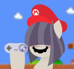 Size: 2048x1918 | Tagged: safe, artist:isaac_pony, oc, oc only, oc:dot matrix, earth pony, pony, beauty mark, bust, cap, controller, fake moustache, hair over eyes, hat, hoof hold, male, mario, mario hat, mario's hat, solo, super mario bros., super nintendo