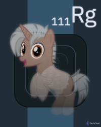 Size: 4000x5000 | Tagged: safe, artist:parclytaxel, oc, oc only, oc:ghastly stitches, ghost, ghost pony, pony, undead, unicorn, series:joycall6's periodic table, .svg available, absurd resolution, barbed wire, chemistry, clothes, commission, floating, glowing, looking at you, male, periodic table, roentgenium, see-through, smiling, solo, stallion, stitches, transparent flesh, vector, x-ray machine