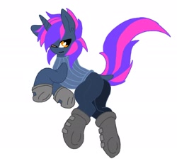 Size: 3111x2791 | Tagged: safe, artist:zeroraid, oc, oc only, oc:dusksworn catalyst, pony, unicorn, boots, clothes, gloves, high res, horn, male, shoes, solo, stallion, sweater, turtleneck, two toned mane, two toned tail, unicorn oc