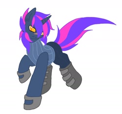 Size: 2133x2000 | Tagged: safe, artist:zeroraid, oc, oc only, oc:dusksworn catalyst, pony, unicorn, boots, clothes, gloves, high res, horn, male, shoes, solo, stallion, two toned mane, two toned tail, unicorn oc