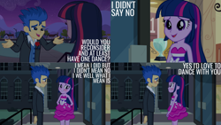 Size: 1280x720 | Tagged: safe, edit, edited screencap, editor:quoterific, screencap, flash sentry, twilight sparkle, equestria girls, g4, my little pony equestria girls, bare shoulders, blushing, canterlot high, cute, diasentres, eye contact, fall formal outfits, female, looking at each other, male, open mouth, sleeveless, smiling, strapless, twiabetes, twilight ball dress