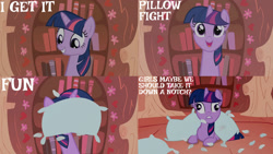 Size: 1280x720 | Tagged: safe, edit, edited screencap, editor:quoterific, screencap, twilight sparkle, pony, unicorn, g4, look before you sleep, season 1, cross-eyed, cute, derp, female, golden oaks library, mare, open mouth, pillow, solo, twiabetes, unicorn twilight