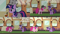 Size: 1280x720 | Tagged: safe, edit, edited screencap, editor:quoterific, screencap, pinkie pie, twilight sparkle, earth pony, pony, unicorn, g4, mmmystery on the friendship express, season 2, bag, bubble pipe, deerstalker, detective, detective hat, female, friendship express, hat, mare, pipe, saddle bag, sherlock holmes, sherlock sparkle, smiling, train, unicorn twilight