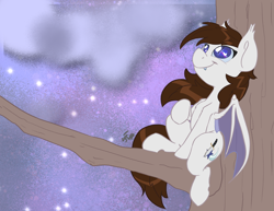 Size: 3300x2550 | Tagged: safe, artist:leadhooves, oc, oc only, oc:aero soarer, bat pony, pony, bat pony oc, bat wings, cloud, commission, fangs, high res, male, night, sitting, sitting in a tree, smiling, solo, stallion, stars, tree, tree branch, wings