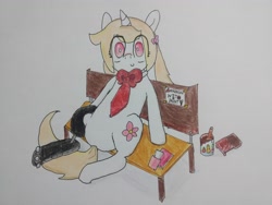 Size: 4000x3000 | Tagged: safe, artist:cherro, oc, oc only, oc:cherry blossom, pony, amputee, bench, bowtie, paint, pigtails, prosthetic limb, prosthetics, runny nose, sitting, solo, this will not end well, tissue, traditional art, wet paint