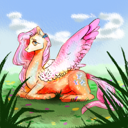 Size: 1200x1200 | Tagged: safe, artist:horsievents, fluttershy, pegasus, pony, g4, grass, hoers, lying down, prone, solo, spread wings, wings