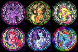 Size: 1280x856 | Tagged: safe, artist:fishiewishes, applejack, fluttershy, pinkie pie, rainbow dash, rarity, twilight sparkle, alicorn, earth pony, pegasus, pony, unicorn, g4, dive to the heart, eyes closed, mane six, rearing, stained glass, twilight sparkle (alicorn)