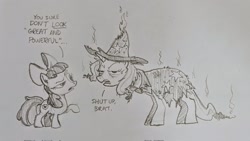 Size: 2048x1154 | Tagged: safe, artist:mellodillo, apple bloom, trixie, earth pony, pony, unicorn, g4, annoyed, cape, clothes, female, filly, great and powerful, magician outfit, mare, scorched, sketch, text, traditional art
