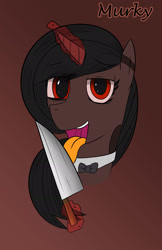 Size: 1410x2176 | Tagged: safe, artist:bestponies, oc, oc only, oc:murky water, pony, unicorn, bowtie, eyebrows, eyebrows visible through hair, female, glowing horn, horn, knife, levitation, licking, looking at you, magic, mare, markings, open mouth, open smile, smiling, solo, telekinesis, tongue out, wingding eyes