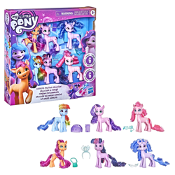 Size: 1200x1200 | Tagged: safe, izzy moonbow, pinkie pie, pipp petals, rainbow dash, sunny starscout, twilight sparkle, alicorn, earth pony, pegasus, pony, unicorn, g5, my little pony: a new generation, official, spoiler:g5, bag, box, brushable, comb, female, hasbro logo, mare, merchandise, my little pony logo, simple background, text, toy, twilight sparkle (alicorn), unicorn twilight, white background
