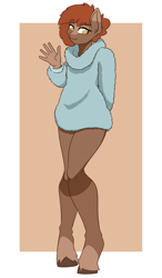 Size: 3508x6000 | Tagged: safe, artist:sneetymist, oc, oc only, oc:soft coffee, earth pony, anthro, unguligrade anthro, arm behind back, blank flank, bottomless, clothes, coat markings, female, fluffy, fluffy sweater, looking away, mare, no tail, partial nudity, shy, simple background, socks (coat markings), solo, sweater, unshorn fetlocks, waving