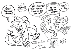 Size: 3082x2098 | Tagged: safe, artist:kyssimmee, applejack, spike, twilight sparkle, fish, puffer fish, seapony (g4), g4, my little pony: the movie, black and white, dialogue, eating, grayscale, high res, krill, lineart, monochrome, seaponified, seapony applejack, seapony twilight, species swap, speech bubble, spike the pufferfish, the shape of water, thought bubble, trio, underwater