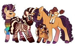 Size: 2600x1600 | Tagged: safe, artist:loryska, saffron masala, oc, oc:bhut jolokia, oc:kashmiri, oc:zani, oc:zircon, hybrid, pony, unicorn, zebra, zony, g4, female, male, simple background, white background