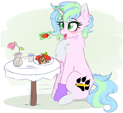 Size: 2538x2322 | Tagged: safe, artist:2pandita, oc, oc only, pony, unicorn, chest fluff, female, food, high res, magic, mare, solo, strawberry, tongue out