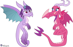Size: 7733x5000 | Tagged: safe, artist:melisareb, ballista, prominence, dragon, g4 mega collab, g4, .svg available, absurd resolution, dragoness, duo, fangs, female, flying, horns, looking at each other, simple background, transparent background, vector, wings