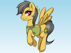 Size: 1600x1200 | Tagged: safe, artist:plaguemare, daring do, pegasus, pony, g4, clothes, feathered wings, female, flying, mare, sky, smiling, smirk, solo, wings