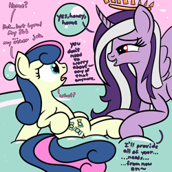 Size: 2000x2000 | Tagged: safe, artist:dafiltafish, bon bon, sweetie drops, oc, oc:hedone, alicorn, pony, comic:day by day, g4, alicorn oc, crown, dialogue, female, high res, horn, jewelry, mare, regalia, wings