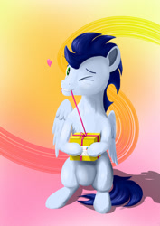 Size: 1280x1811 | Tagged: safe, artist:edgillock, soarin', pegasus, pony, g4, floating heart, heart, mouth hold, one eye closed, present, ribbon
