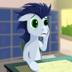 Size: 1280x1280 | Tagged: safe, artist:edgillock, soarin', pegasus, pony, g4, desk, male, sitting, solo, stallion, worried