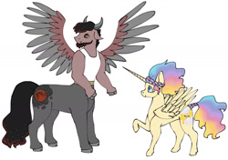 Size: 1536x1079 | Tagged: safe, artist:ukulelepineapplecat, oc, oc only, alicorn, centaur, pony, taur, alicorn oc, duo, female, horn, interspecies offspring, male, mare, offspring, parent:princess celestia, parent:princess luna, parent:tirek, raised hoof, simple background, spread wings, story included, white background, wings