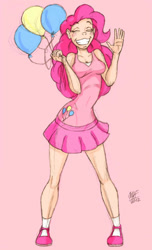 Size: 525x863 | Tagged: safe, artist:dustbunnypictures, pinkie pie, human, g4, balloon, clothes, cutie mark, cutie mark on clothes, eyes closed, female, grin, humanized, pink background, shoes, signature, simple background, skirt, smiling, solo, waving