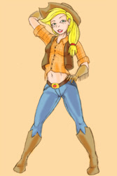 Size: 548x818 | Tagged: safe, artist:dustbunnypictures, applejack, human, g4, arm behind head, boots, clothes, female, gloves, hat, high heel boots, humanized, orange background, shoes, simple background, solo