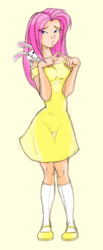 Size: 336x815 | Tagged: safe, artist:dustbunnypictures, angel bunny, fluttershy, human, rabbit, g4, animal, clothes, dress, female, humanized, simple background, solo, yellow background