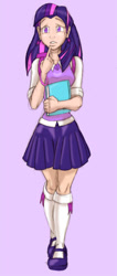 Size: 348x819 | Tagged: safe, artist:dustbunnypictures, twilight sparkle, human, g4, book, clothes, female, humanized, purple background, simple background, skirt, solo