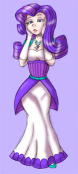 Size: 368x818 | Tagged: safe, artist:dustbunnypictures, rarity, human, g4, bedroom eyes, clothes, dress, evening gloves, female, gloves, humanized, long gloves, purple background, simple background, solo