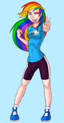 Size: 424x815 | Tagged: safe, artist:dustbunnypictures, human, blue background, clothes, cutie mark, cutie mark on clothes, female, humanized, one eye closed, peace sign, shoes, shorts, simple background, solo, wink