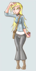 Size: 400x794 | Tagged: safe, artist:dustbunnypictures, derpy hooves, human, g4, bag, boots, clothes, confused, female, gray background, humanized, pants, shoes, simple background, solo