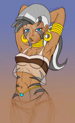 Size: 662x1082 | Tagged: safe, artist:dustbunnypictures, zecora, human, g4, abstract background, arm behind head, armpits, clothes, ear piercing, earring, female, humanized, jewelry, midriff, moderate dark skin, neck rings, pants, piercing, solo, tattoo