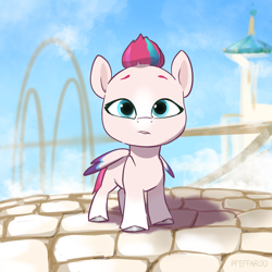 Size: 2048x2048 | Tagged: safe, artist:pfeffaroo, zipp storm, pegasus, pony, g5, adorazipp, cloud, cute, daaaaaaaaaaaw, female, filly, filly zipp storm, high res, looking at you, sky, solo, younger